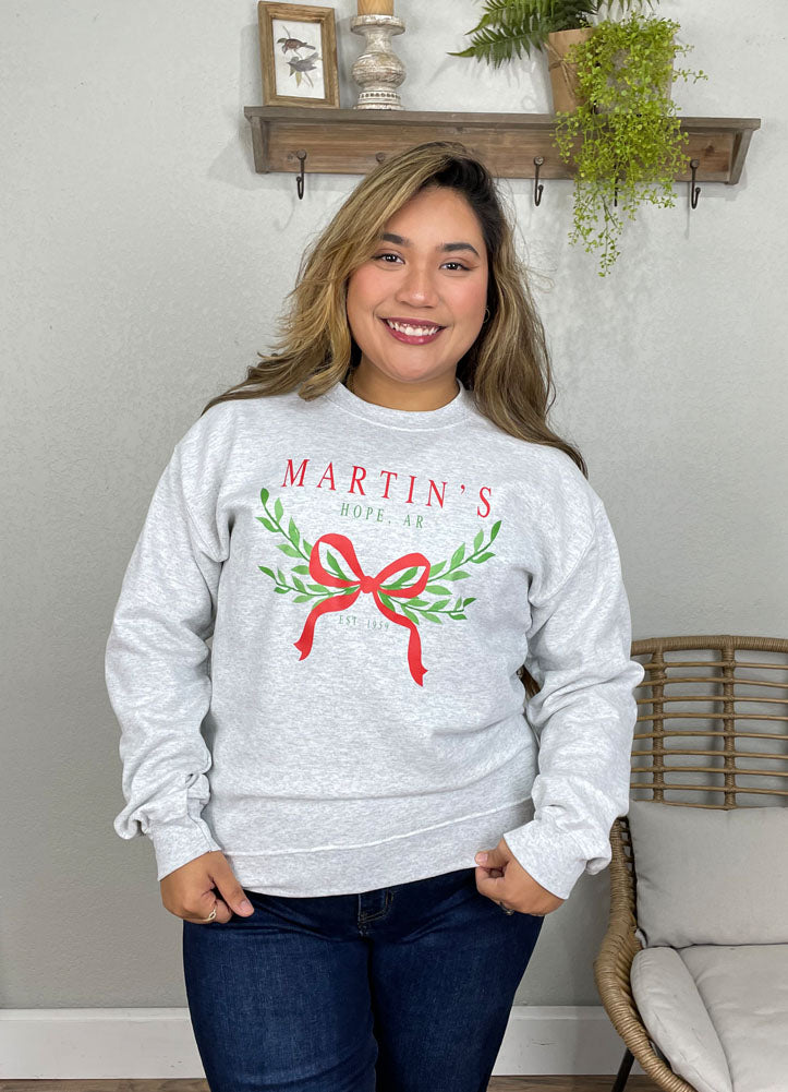 Martins Christmas Bow Sweatshirt in Heather Grey by Al + Gray