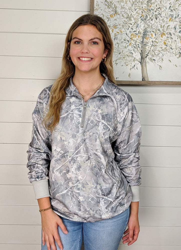 Oversized Woodland Camo Half Zip Pullover in Light Grey by Lovesoft