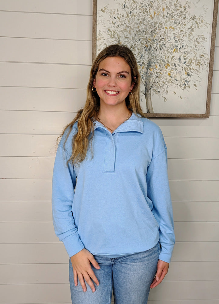 Solid Fleece Sweatshirt with Snap Collar in Sky Blue by Lovesoft