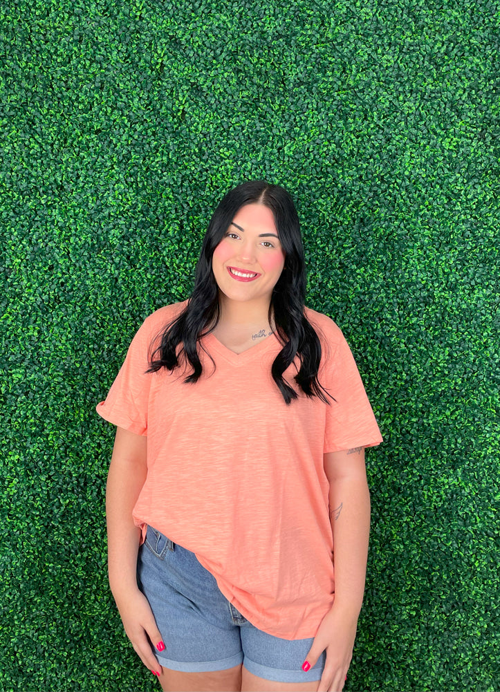 Plus Cotton V Neck SS in Apricot Ice by Andree