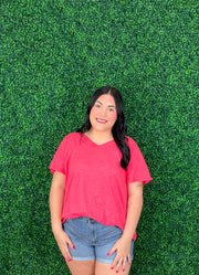 Plus Cotton V Neck SS in Hot Coral by Andree