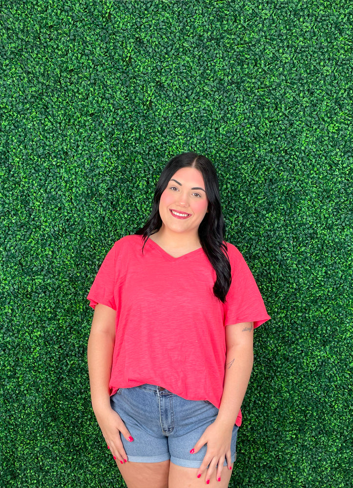 Plus Cotton V Neck SS in Hot Coral by Andree