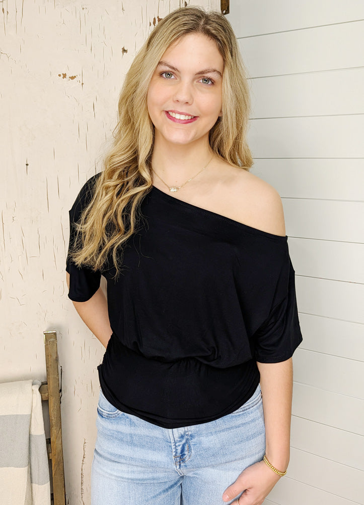 Off Shoulder SS Ruched Top in Black by Timing