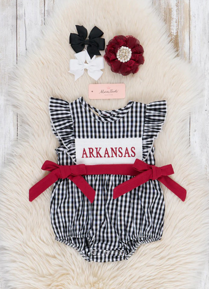 Arkansas Smocked Gingham Bubble Romper by Marie Nicole Clothing