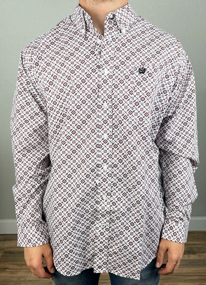 LS Print Button Up in White by Cinch