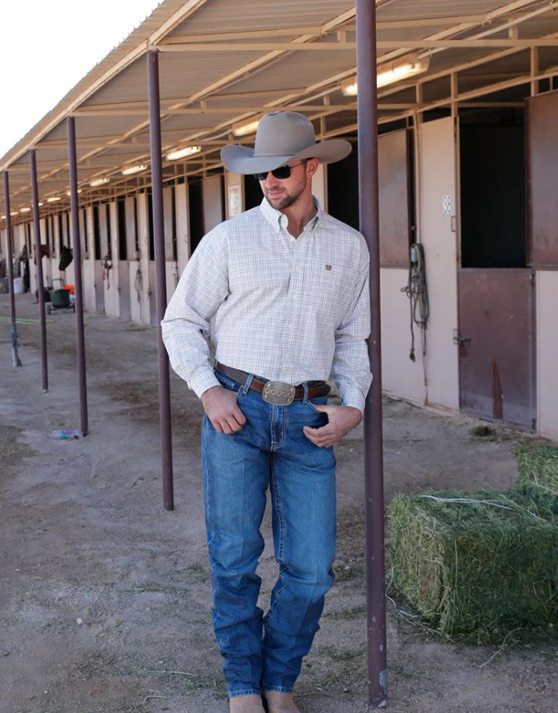 LS Plaid Button Up in Cream by Cinch