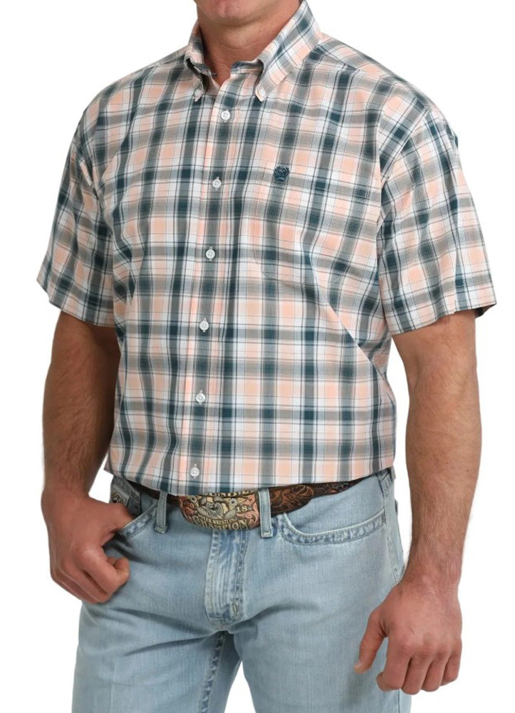 Plaid Button Up SS in Coral by Cinch