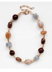 Gold Tube Beaded Necklace with Multicolor Natural Stone by Whats Hot