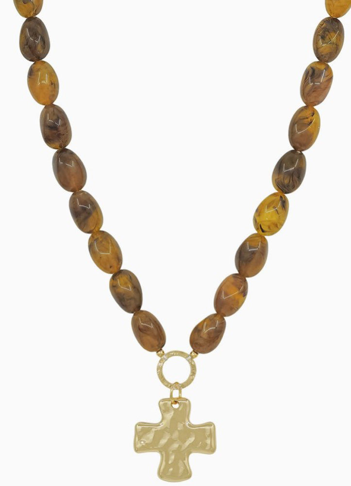 Tortoise Oval Beaded Necklace with Hammered Gold Cross by Whats Hot