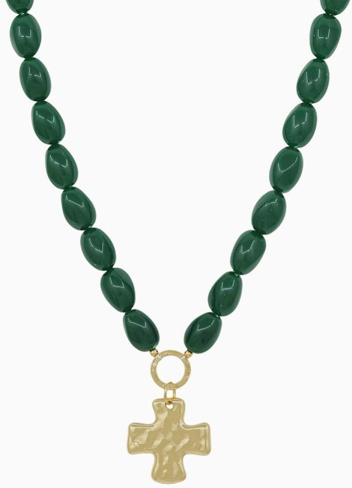 Emerald Resin Oval Beaded Necklace with Gold Hammered Cross by Whats Hot