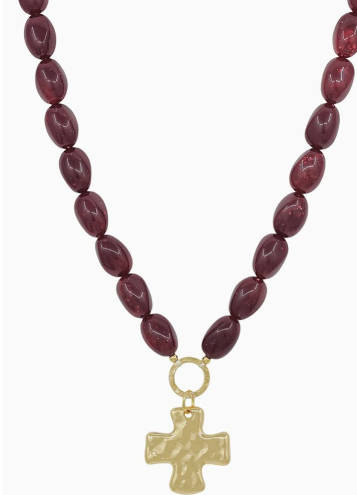 Maroon Oval Beaded Necklace with Gold Hammered Cross by Whats Hot