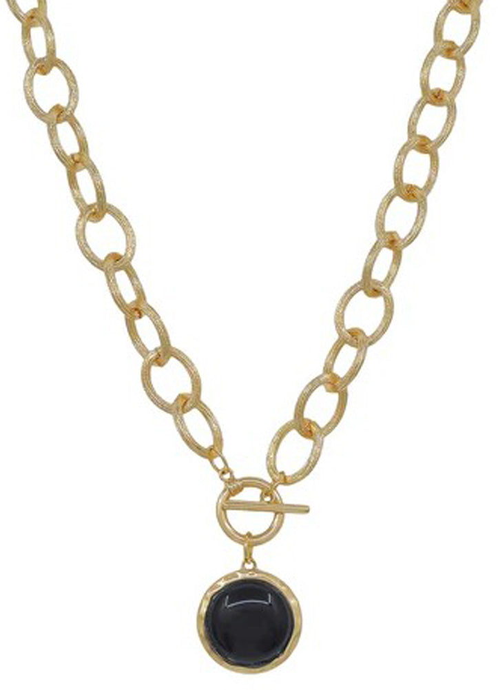 Gold Chunky Chain Necklace with Black Circle Stone Charm by Whats Hot