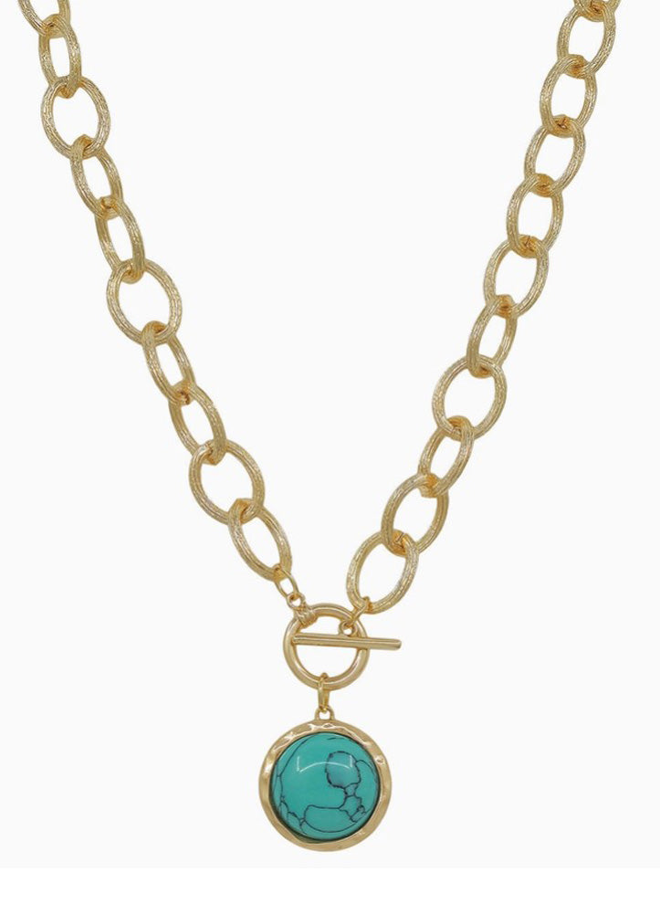 Gold Chunky Chain Necklace with Turquoise Circle Stone by Whats Hot