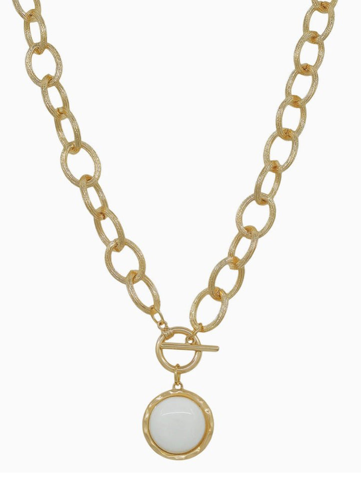 Gold Chunky Chain with White Circle Stone Charm Necklace by Whats Hot