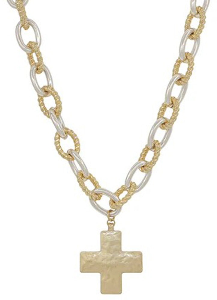 Chunky Gold & Silver Chain with Hammered Cross Necklace by Whats Hot