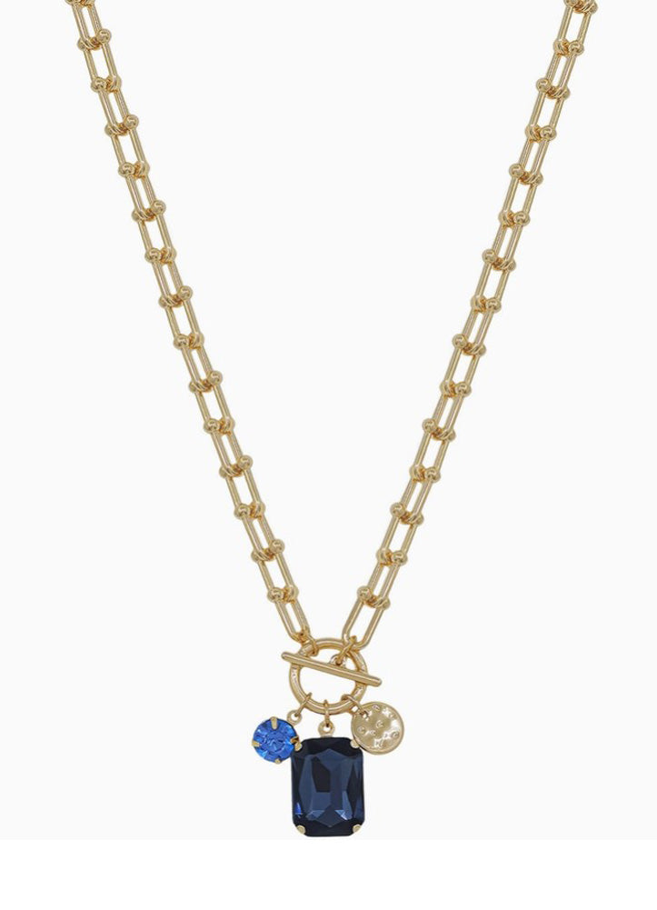 Gold Chain Necklace with Royal Blue Crystal Charms by Whats Hot