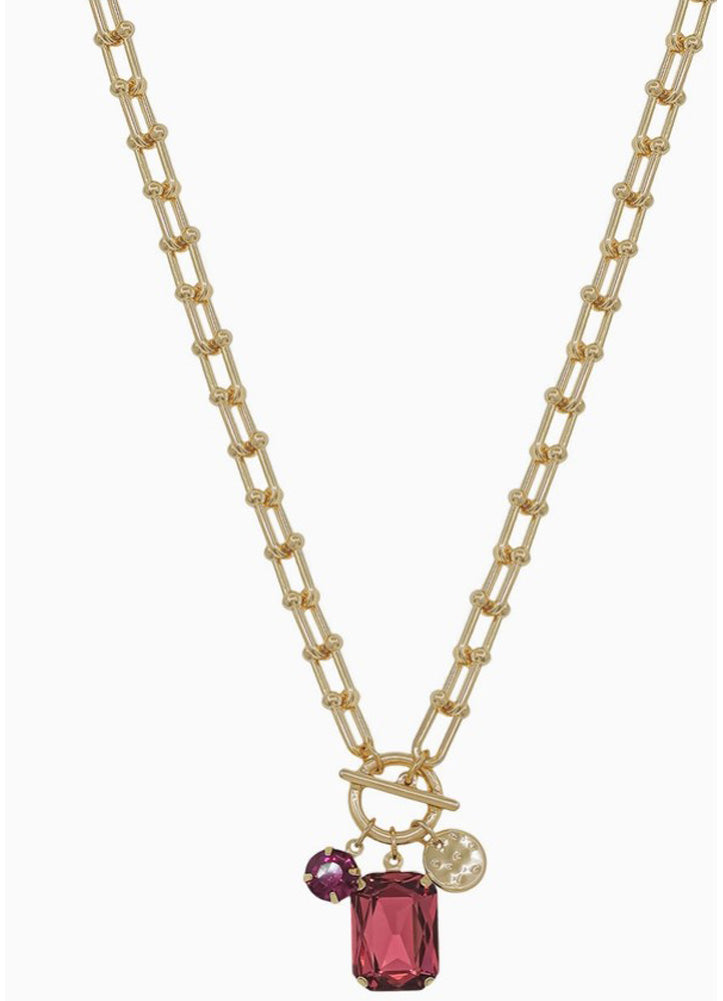 Gold Chain Necklace with Pink Crystal Charms by Whats Hot