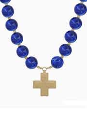 Navy Beaded Necklace with Gold Hammered Cross by Whats Hot