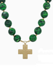 Emerald Beaded Necklace with Hammered Gold Cross by Whats Hot