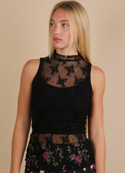 High Neck Sheer Lace Fitted Sleeveless Top in Black by Very J