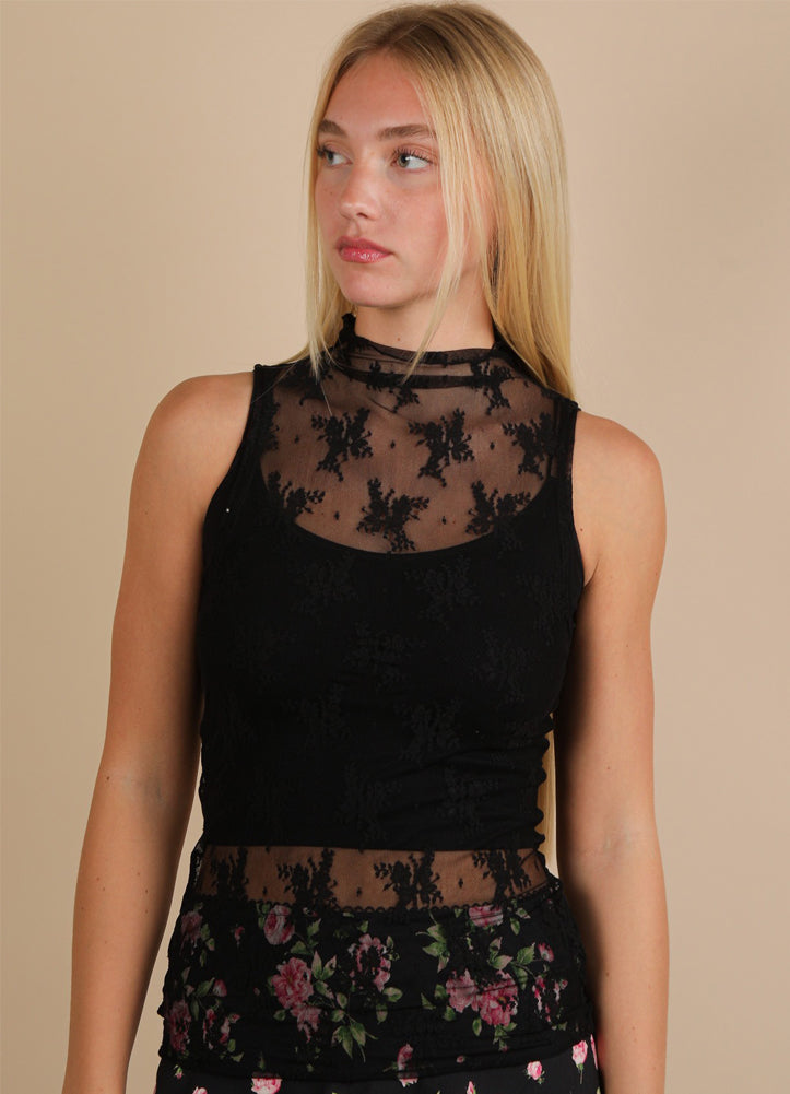 High Neck Sheer Lace Fitted Sleeveless Top in Black by Very J