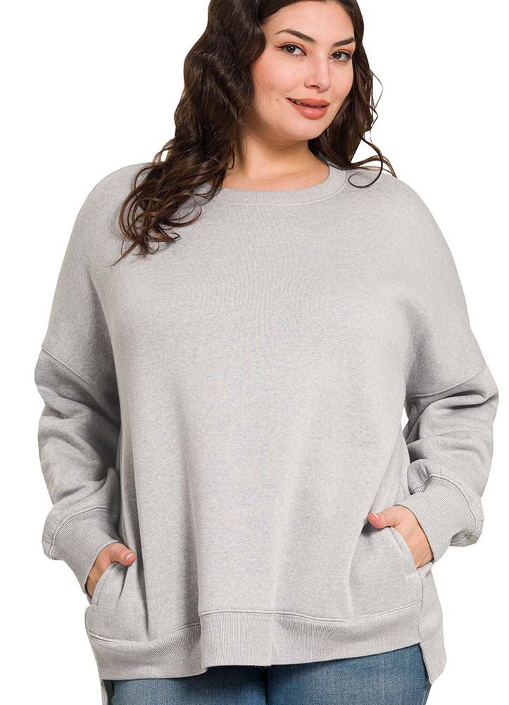 Plus Fleece Hi Low Boyfriend Sweatshirt in Heather Grey by Zenana