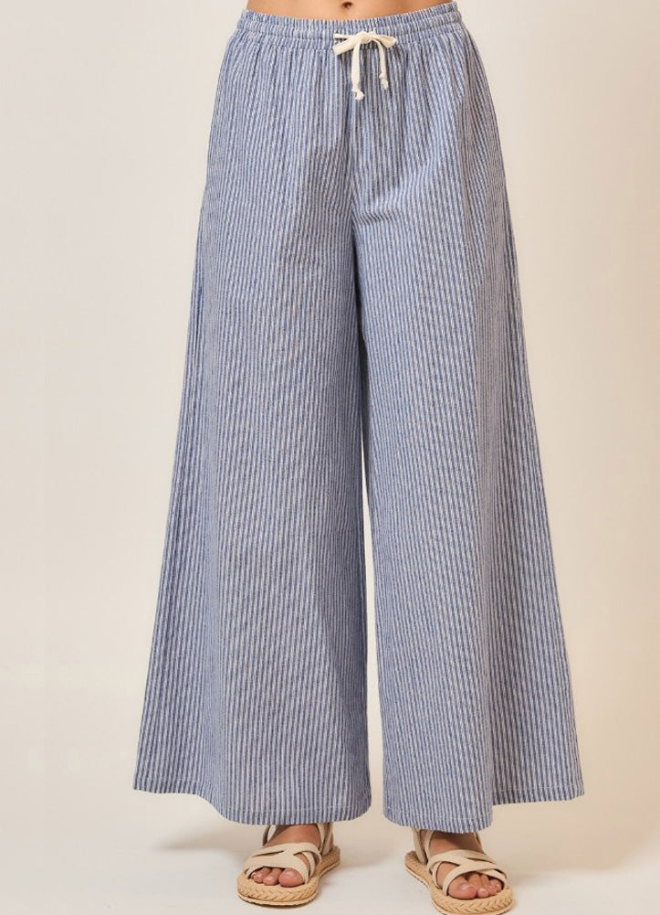 Pinstripe Wide Leg Pants with Drawstring in Denim Blue