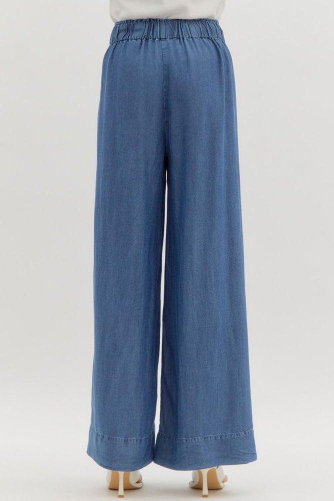 HW Pintuck Pull On Wide Leg Pants in Denim Blue by Entro