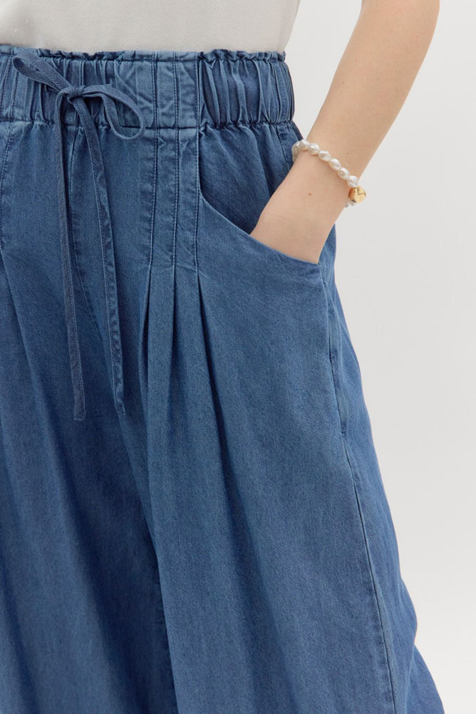 HW Pintuck Pull On Wide Leg Pants in Denim Blue by Entro