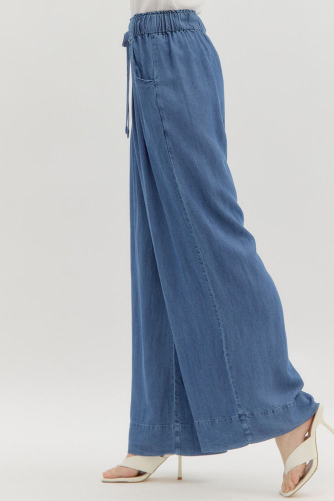 HW Pintuck Pull On Wide Leg Pants in Denim Blue by Entro