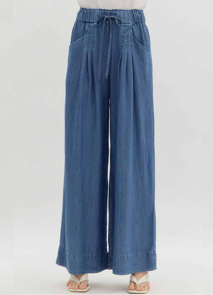 HW Pintuck Pull On Wide Leg Pants in Denim Blue by Entro