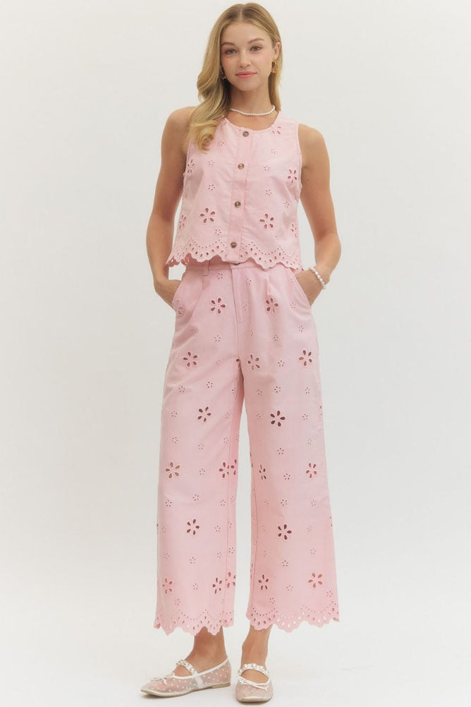 Eyelet Embroidered Wide Leg Pants in Light Pink by Entro