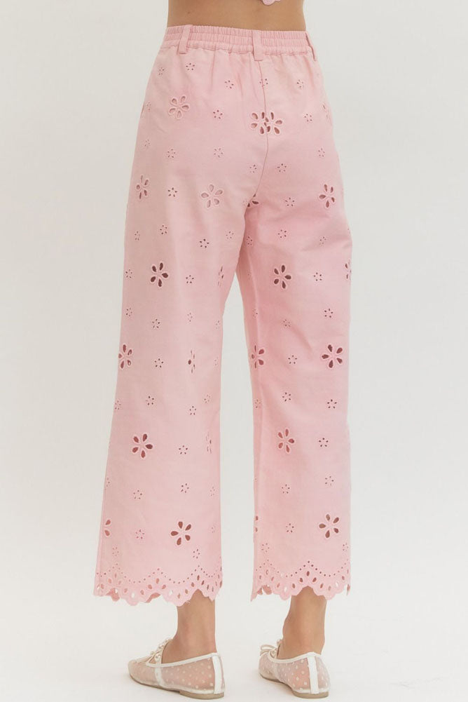 Eyelet Embroidered Wide Leg Pants in Light Pink by Entro