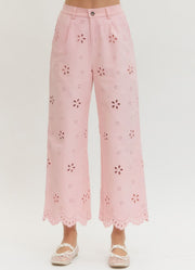 Eyelet Embroidered Wide Leg Pants in Light Pink by Entro