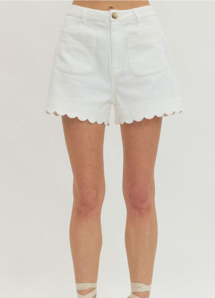 Solid HR Scallop Hem Shorts in Off White by Entro