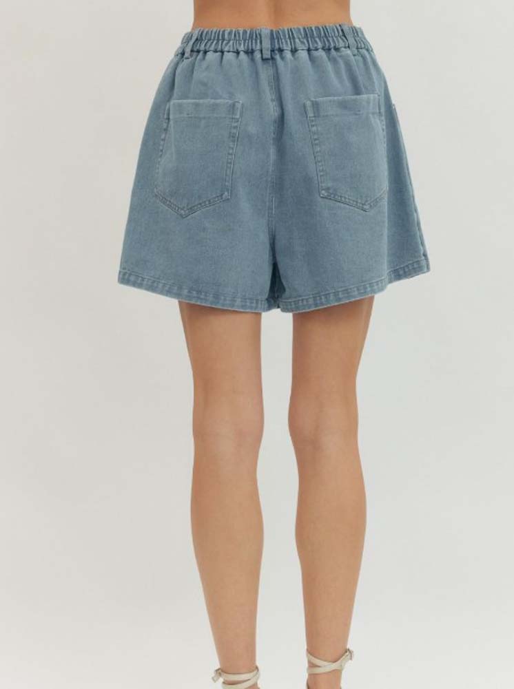 Solid Denim Skort with Wrap Front Panel in Light Denim by Entro