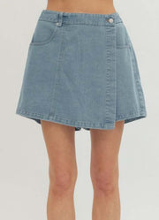 Solid Denim Skort with Wrap Front Panel in Light Denim by Entro