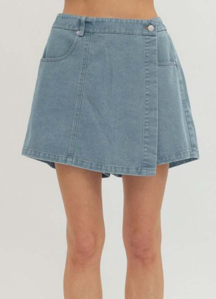 Solid Denim Skort with Wrap Front Panel in Light Denim by Entro