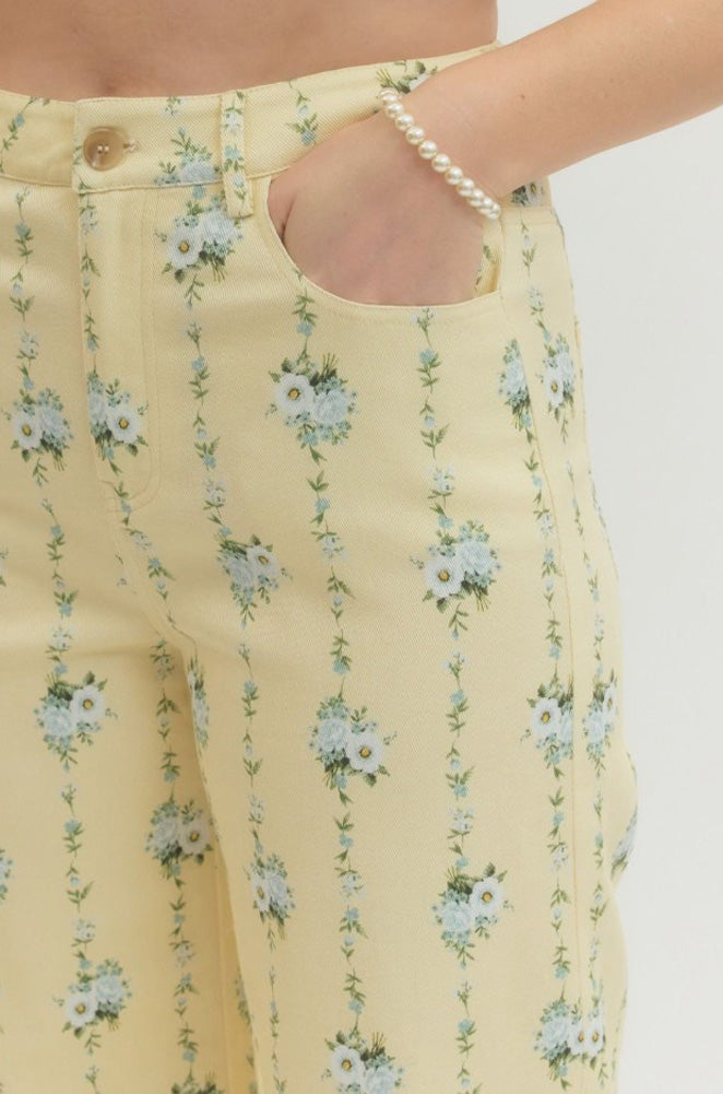 Floral Wide Leg Pants in Lemon by Entro