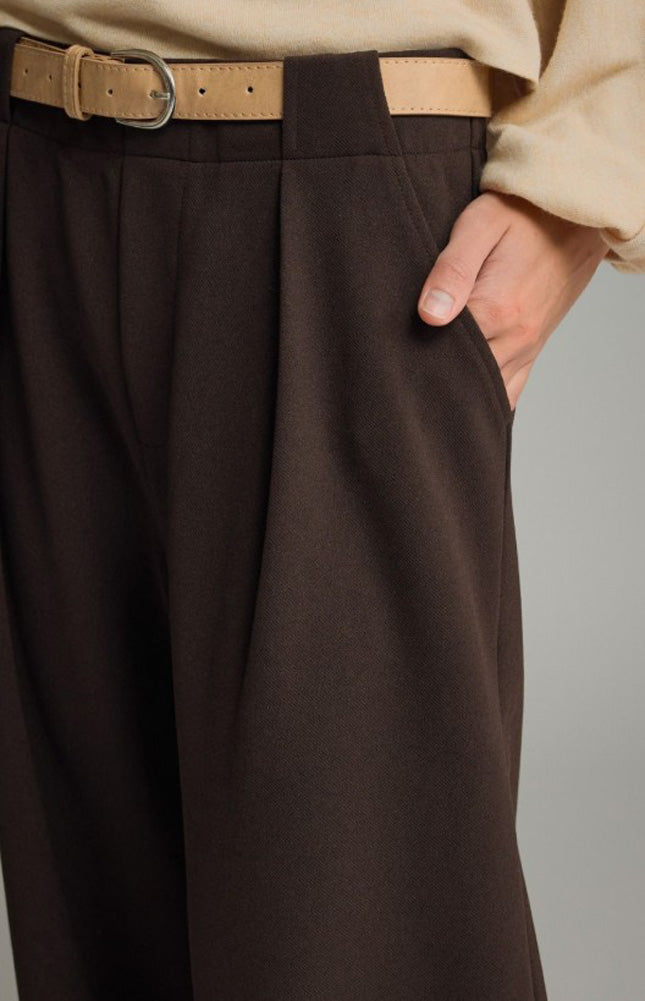 Solid Belted Wide Leg Pants in Brown by Entro
