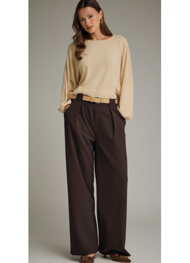 Solid Belted Wide Leg Pants in Brown by Entro