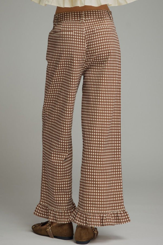 Gingham Pants with Ruffle Hem in Brown by Entro