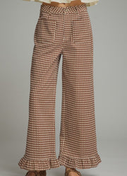 Gingham Pants with Ruffle Hem in Brown by Entro