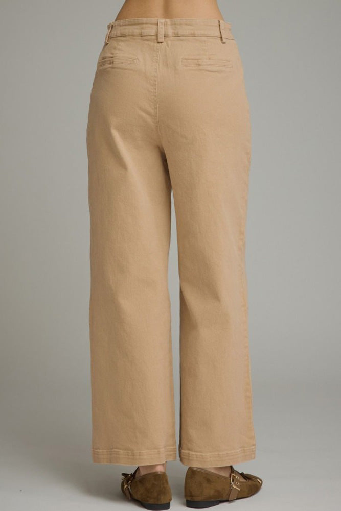 Solid Wide Leg Pants with Horsebit Pockets in Camel by Entro
