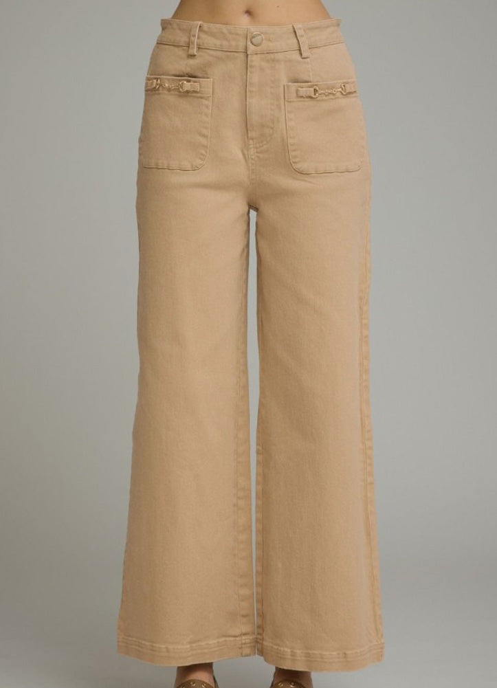Solid Wide Leg Pants with Horsebit Pockets in Camel by Entro