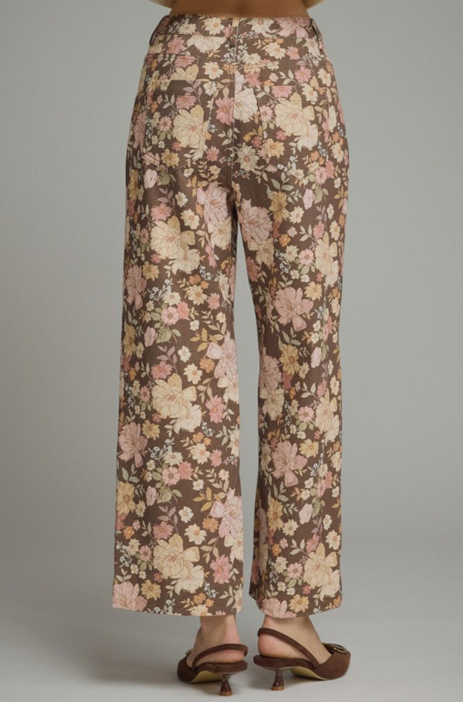 Floral Print Pants with Front Seam in Brown by Entro