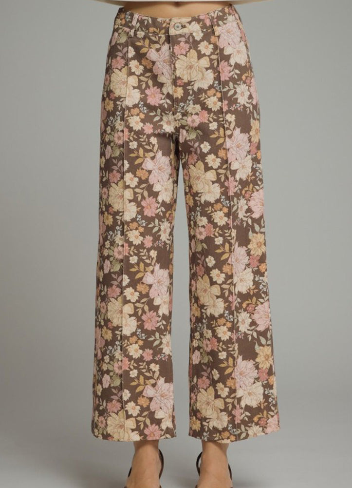 Floral Print Pants with Front Seam in Brown by Entro