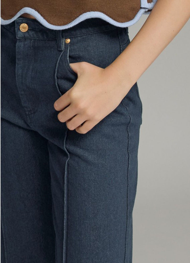 Solid Denim Pants with Front Seam in Dark Denim by Entro