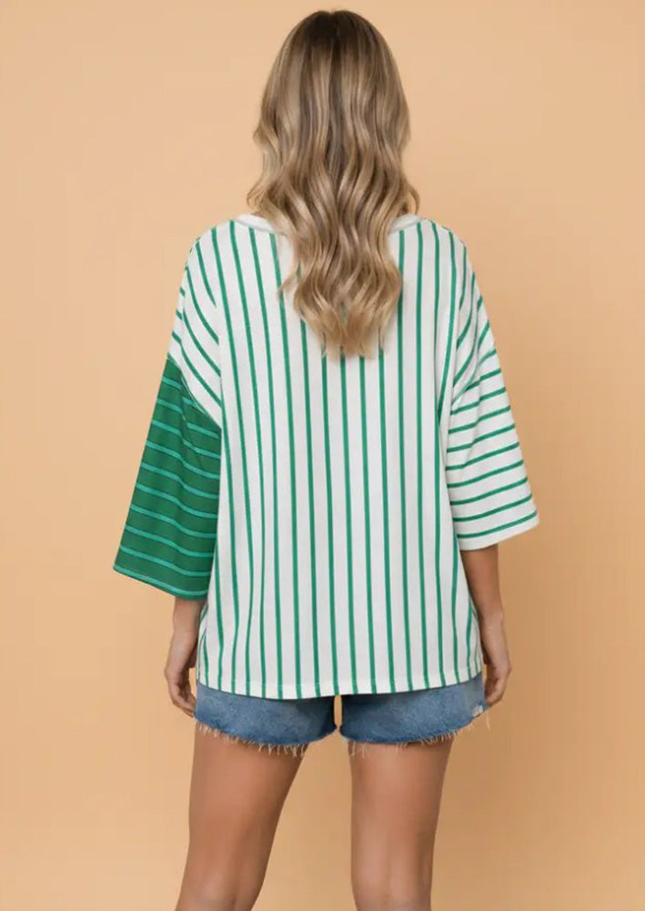 Stripe Colorblock Loose Tee in Green by Pretty Bash