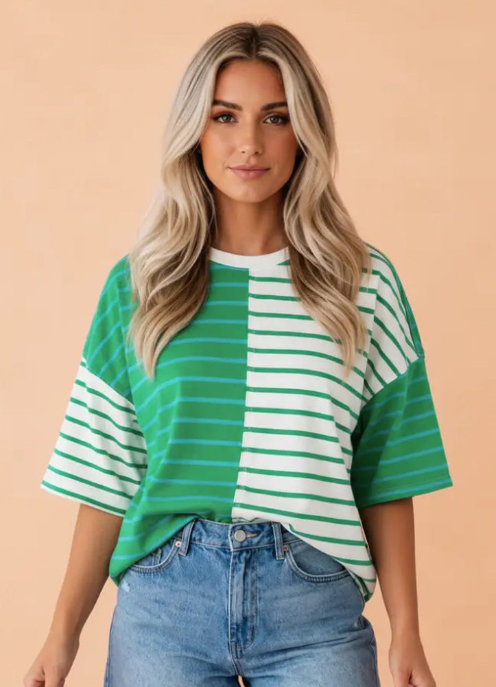 Stripe Colorblock Loose Tee in Green by Pretty Bash